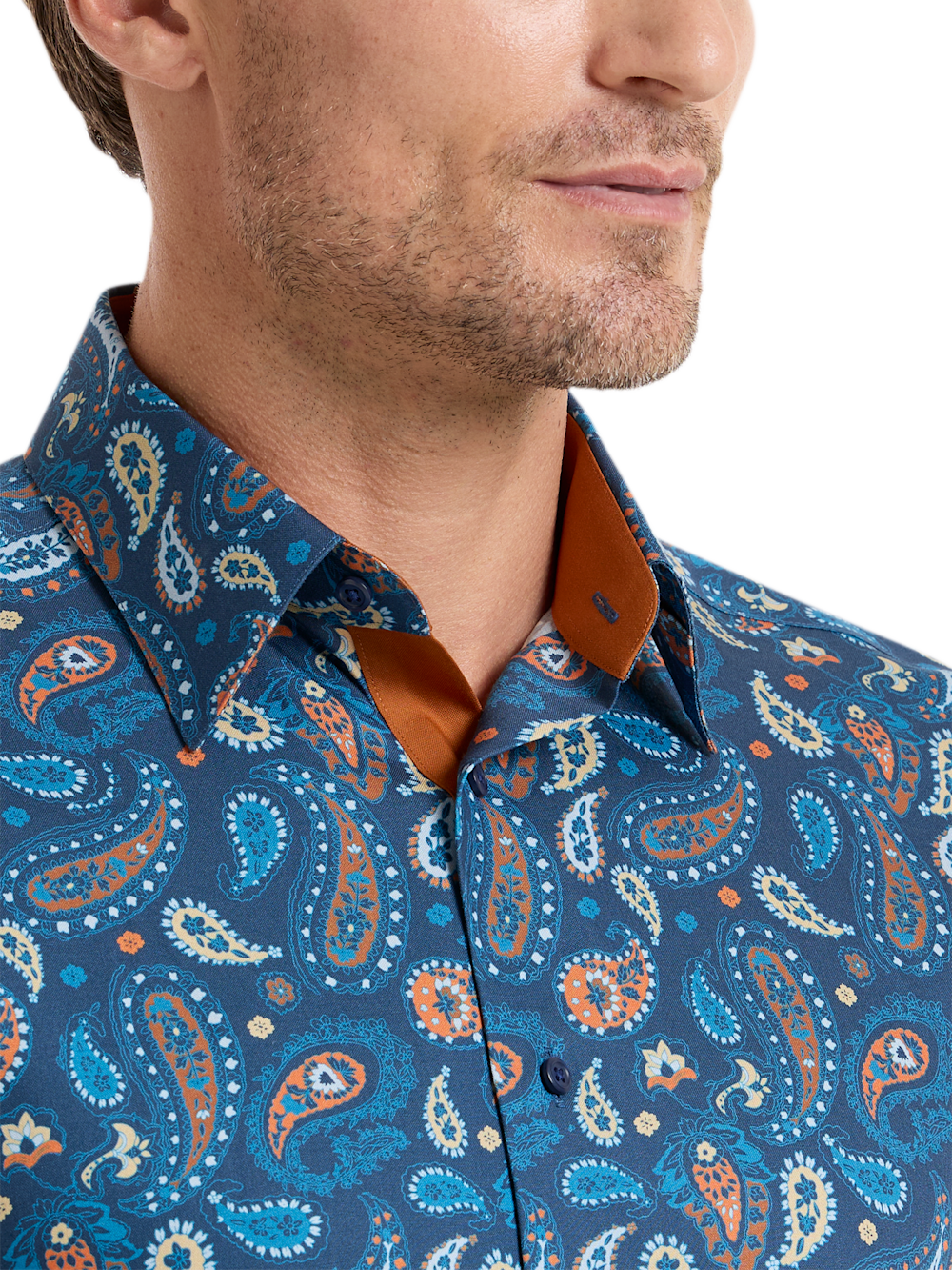 Alternate Shot of Men's Blue/rust Paisley Pattern Shirts Trim Inside Neckband  Inside Cuffs  Button Side Of Placket - 2