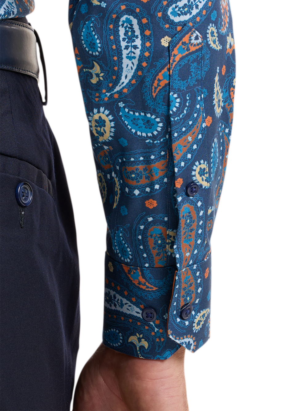 Alternate Shot of Men's Blue/rust Paisley Pattern Shirts Trim Inside Neckband  Inside Cuffs  Button Side Of Placket - 3