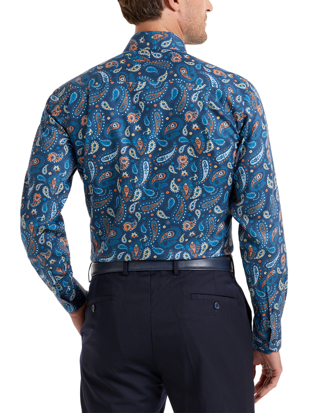 Alternate Shot of Men's Blue/rust Paisley Pattern Shirts Trim Inside Neckband  Inside Cuffs  Button Side Of Placket - 4