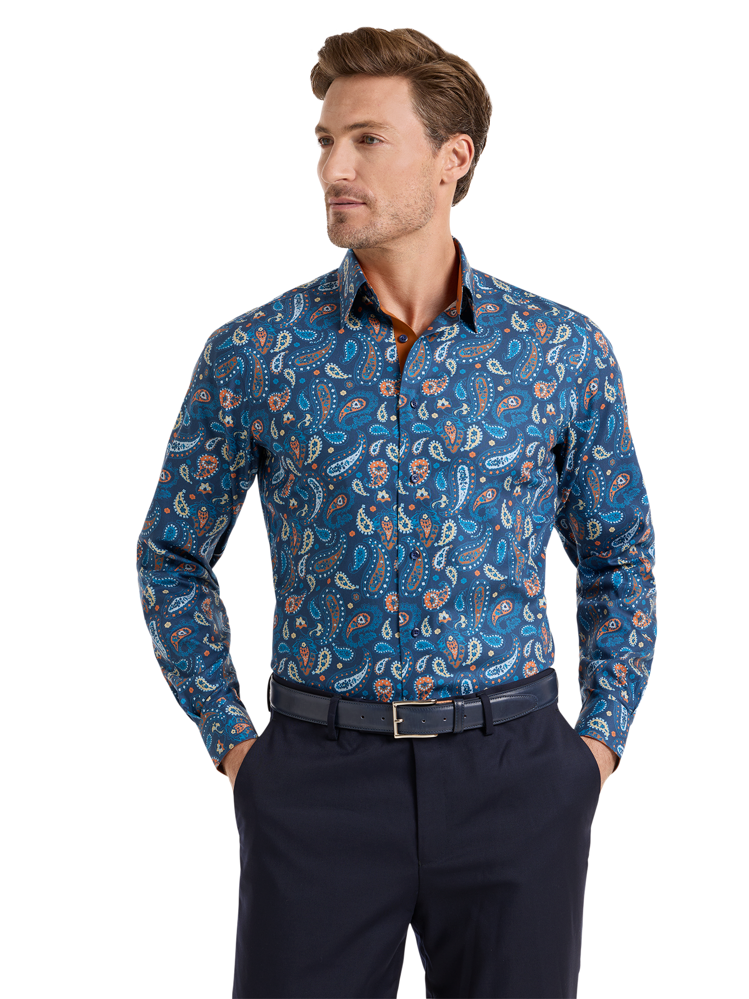 Non-Iron Cotton Paisley Dress Shirt With Contrast Trim - Blue/rust