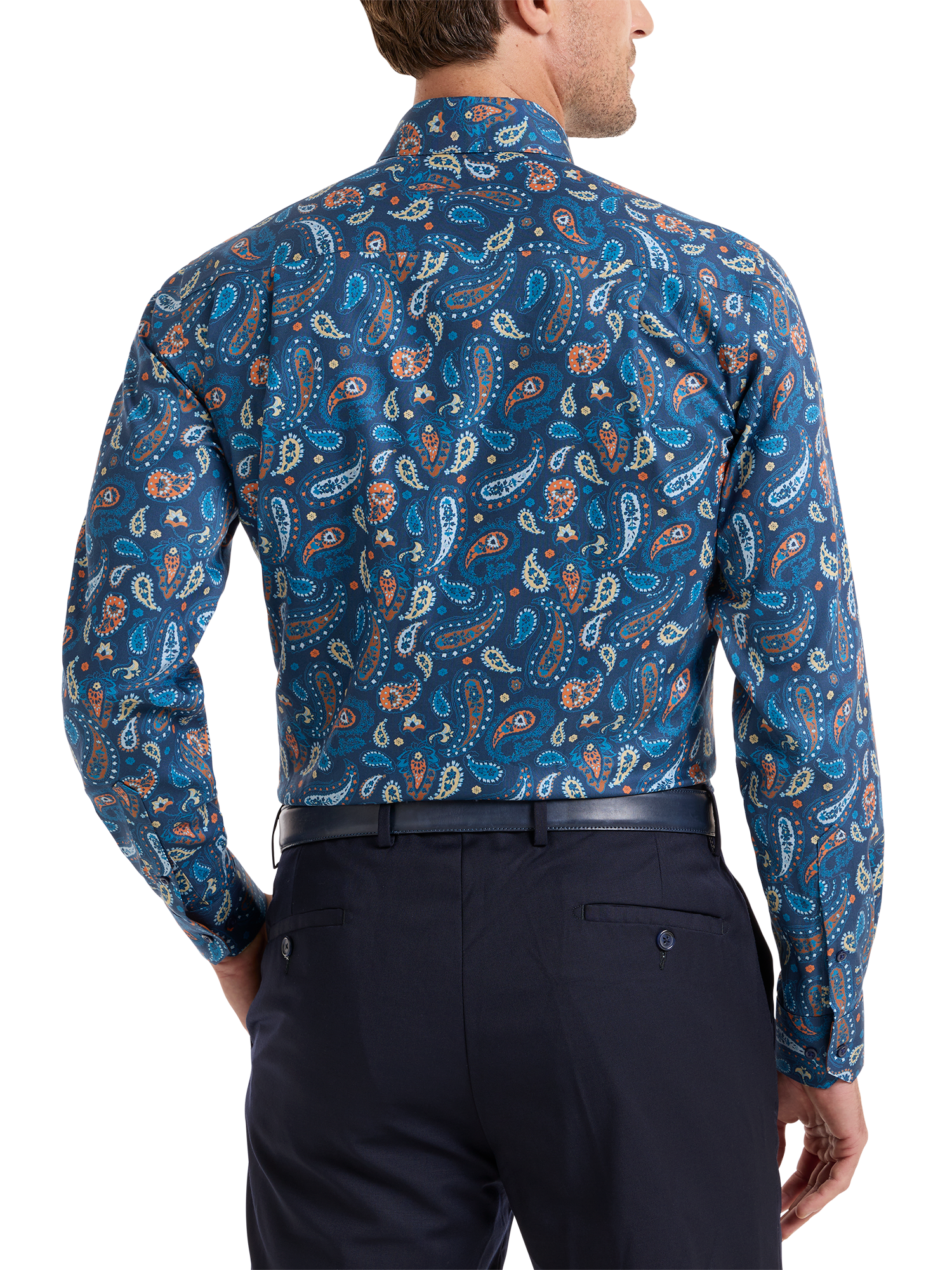 Non-Iron Cotton Paisley Dress Shirt With Contrast Trim - Blue/rust