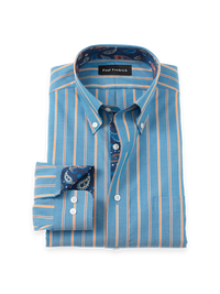 Non-Iron Cotton Stripe Dress Shirt With Contrast Trim - Blue/rust