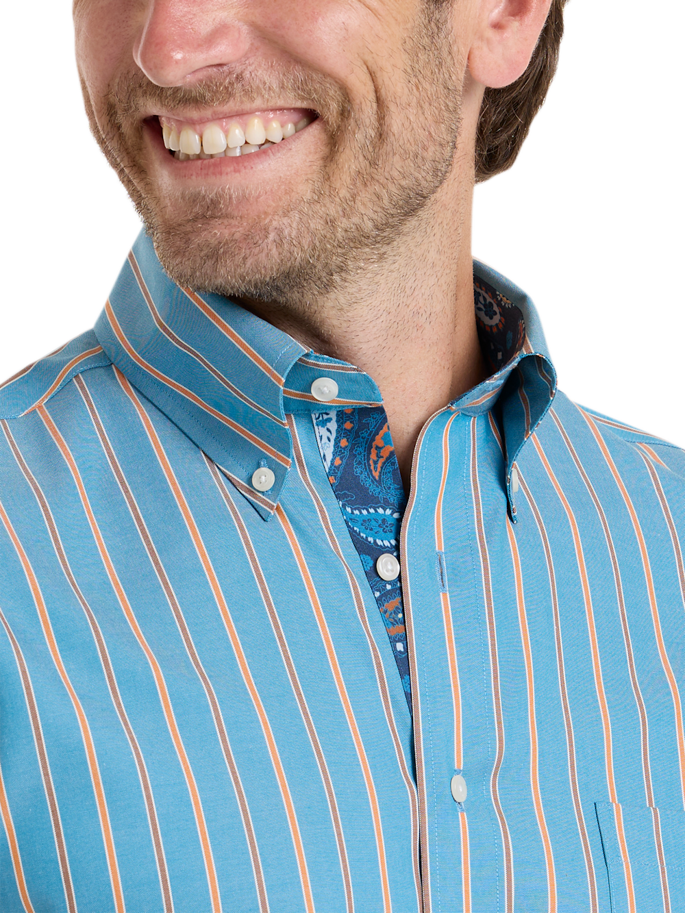 Alternate Shot of Men's Blue/rust Stripe Shirts Trim Inside Neckband  Inside Cuffs  Button Side Of Placket - 2