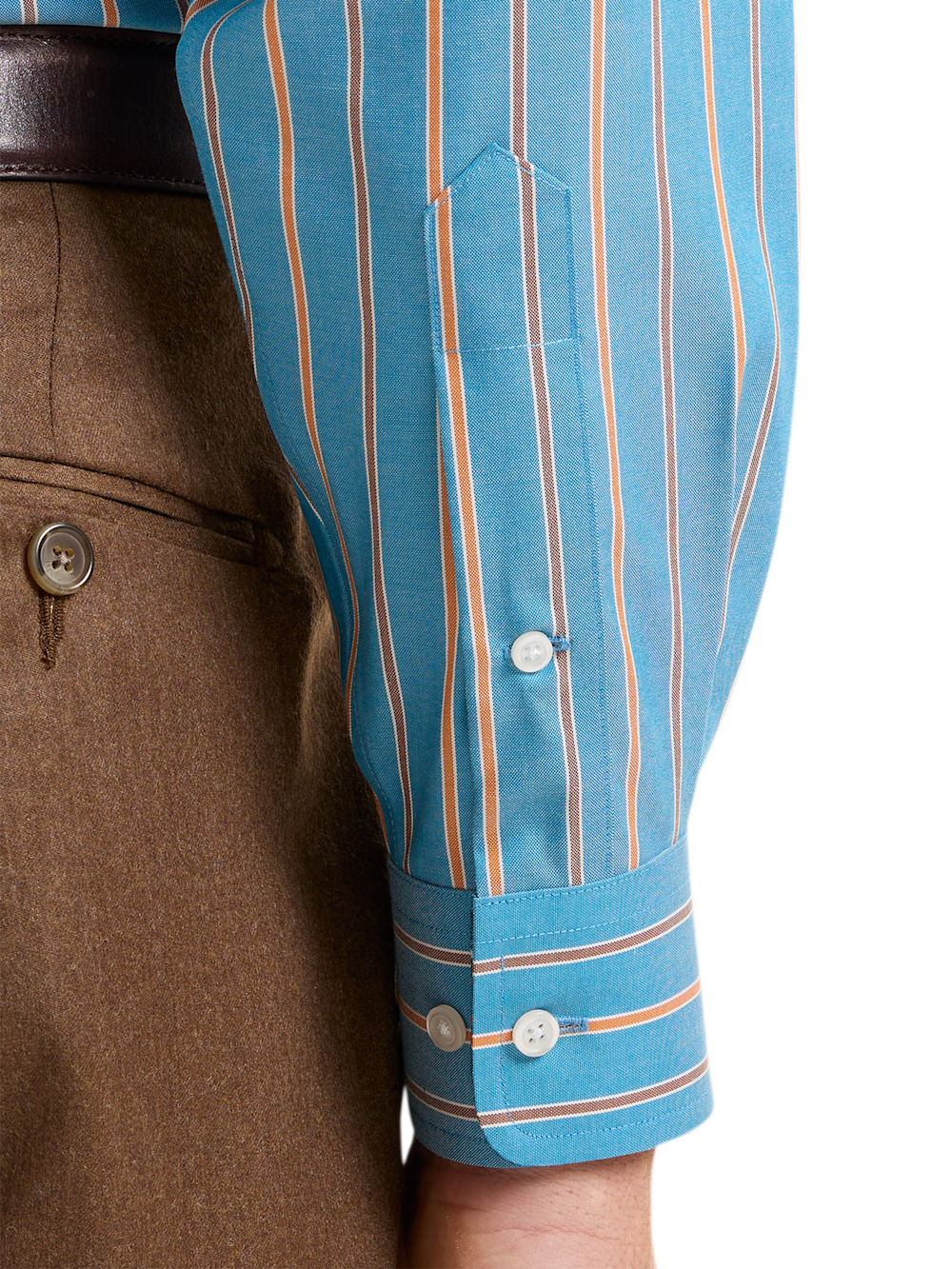 Alternate Shot of Men's Blue/rust Stripe Shirts Trim Inside Neckband  Inside Cuffs  Button Side Of Placket - 3