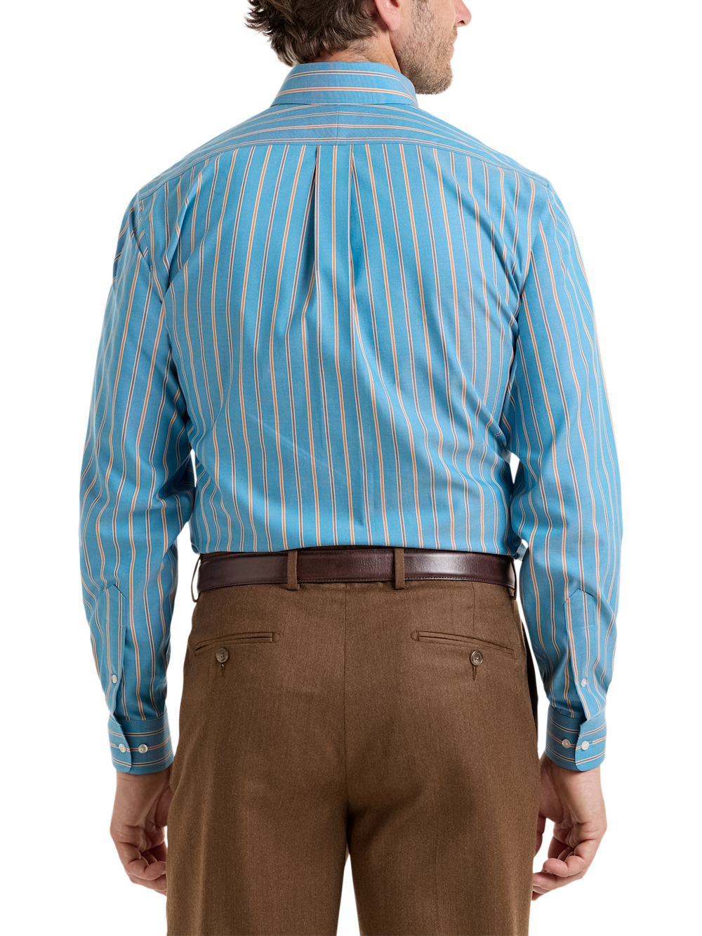Alternate Shot of Men's Blue/rust Stripe Shirts Trim Inside Neckband  Inside Cuffs  Button Side Of Placket - 4