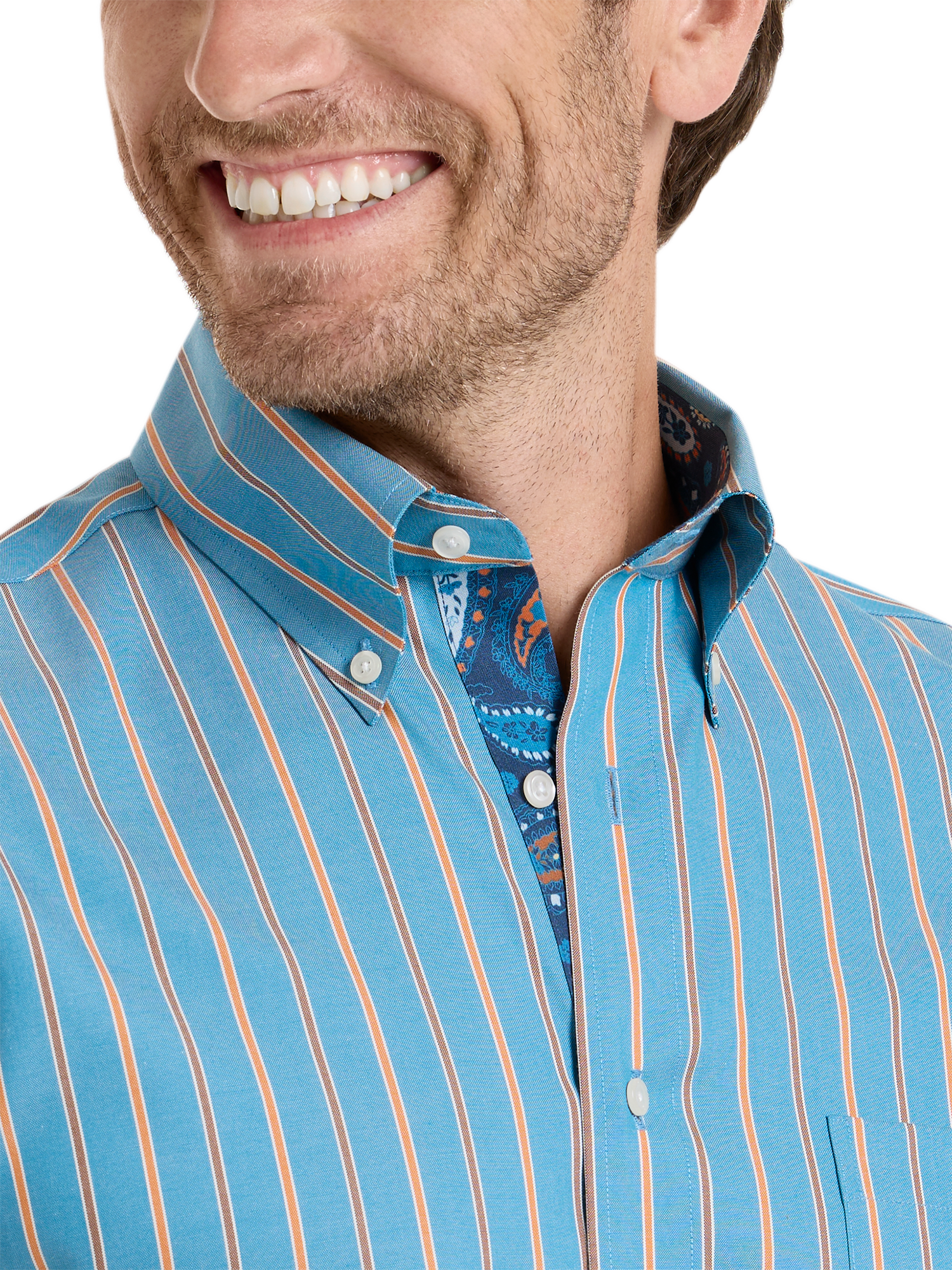 Non-Iron Cotton Stripe Dress Shirt With Contrast Trim - Blue/rust