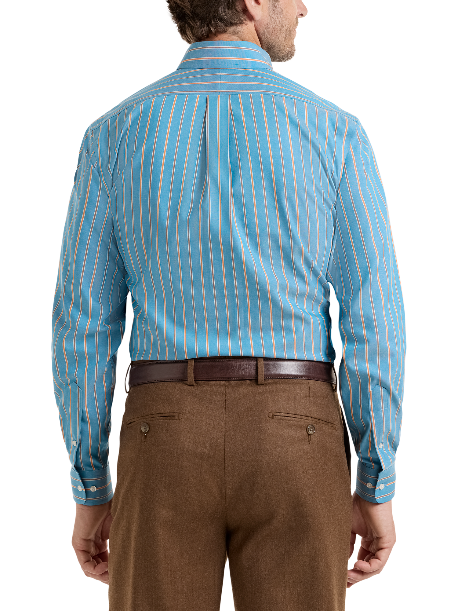 Non-Iron Cotton Stripe Dress Shirt With Contrast Trim - Blue/rust