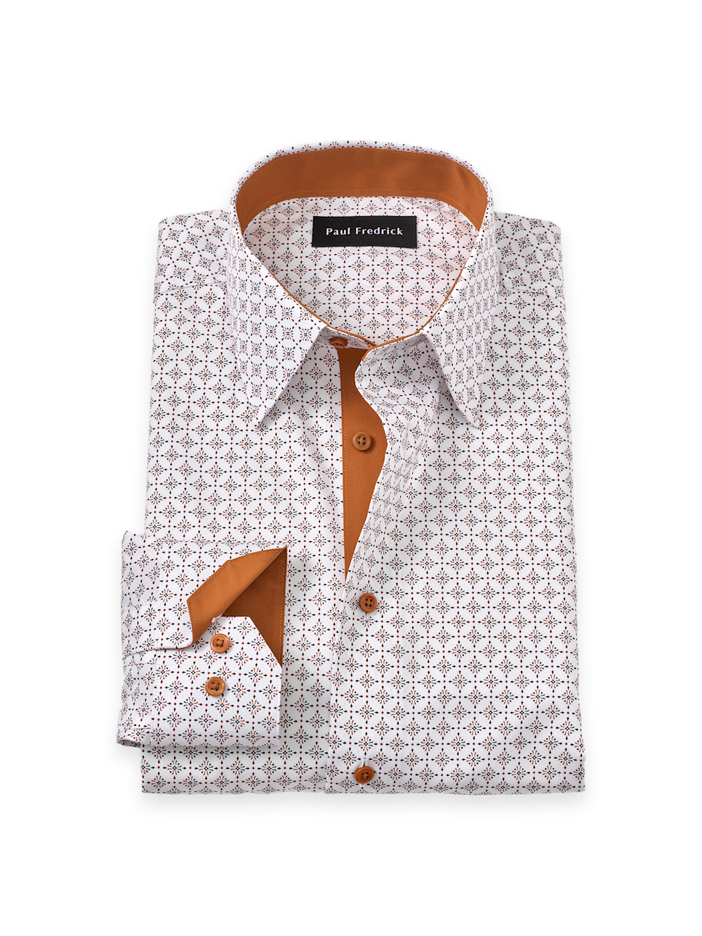 Men's White/Rust Geometric Shirts Trim Inside Neckband  Inside Cuffs  Button Side Of Placket