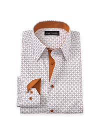 Non-Iron Cotton Geometric Dress Shirt With Contrast Trim - White/rust