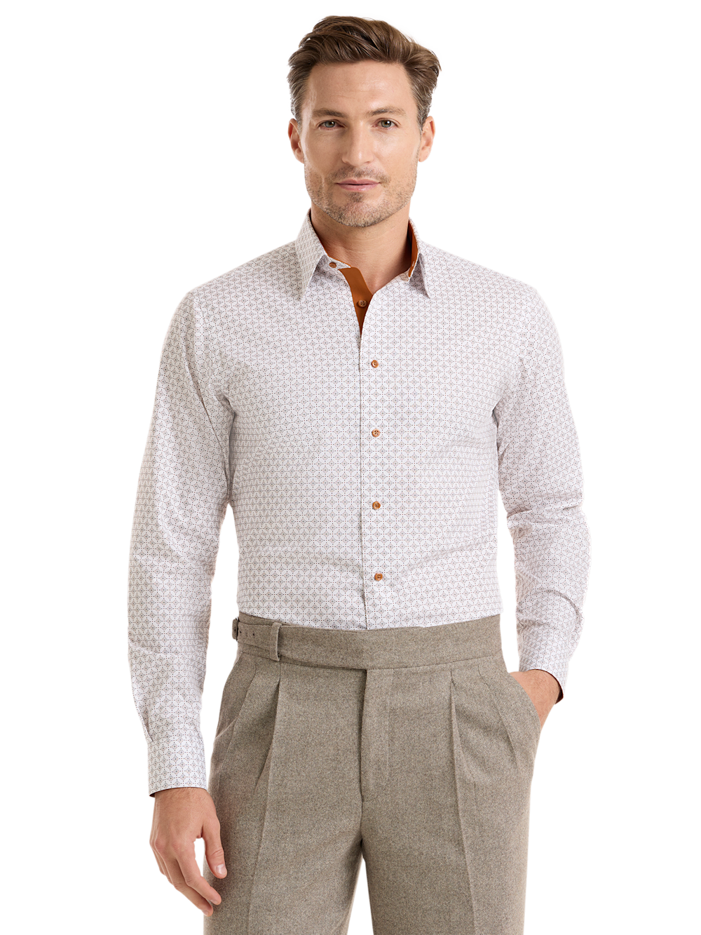 Alternate Shot of Men's White/Rust Geometric Shirts Trim Inside Neckband  Inside Cuffs  Button Side Of Placket - 1