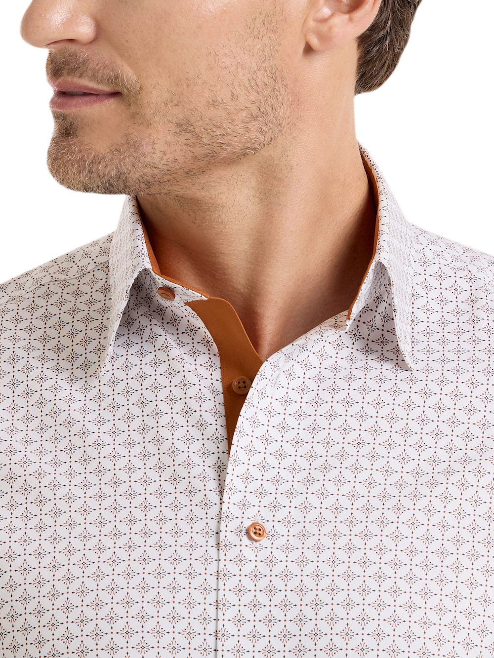 Alternate Shot of Men's White/Rust Geometric Shirts Trim Inside Neckband  Inside Cuffs  Button Side Of Placket - 2