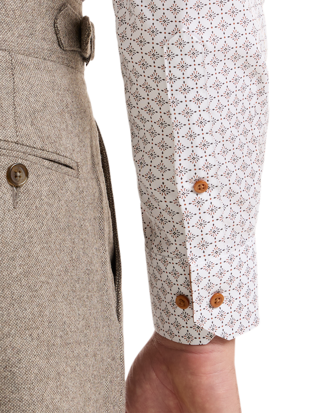 Alternate Shot of Men's White/Rust Geometric Shirts Trim Inside Neckband  Inside Cuffs  Button Side Of Placket - 3