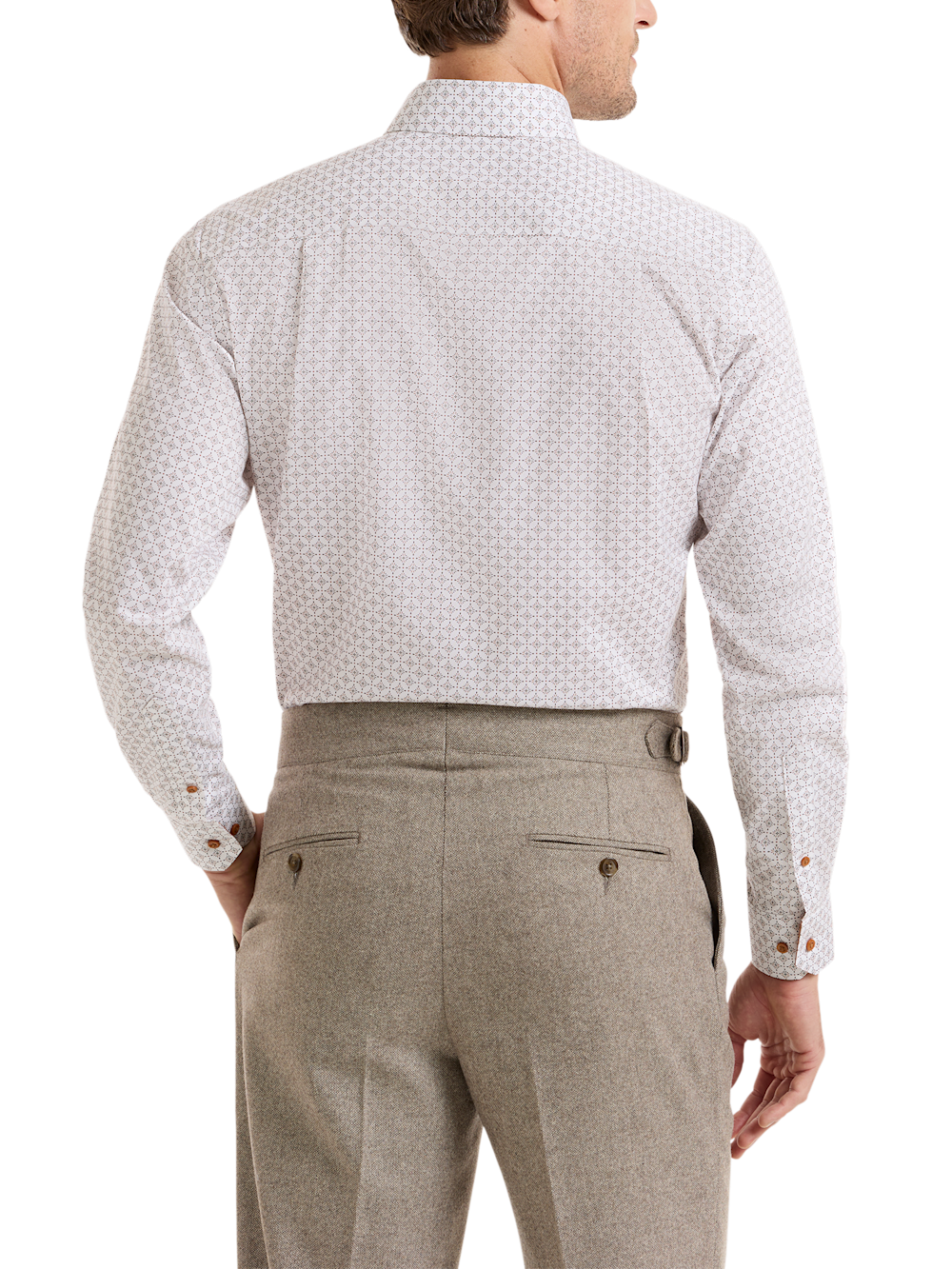 Alternate Shot of Men's White/Rust Geometric Shirts Trim Inside Neckband  Inside Cuffs  Button Side Of Placket - 4