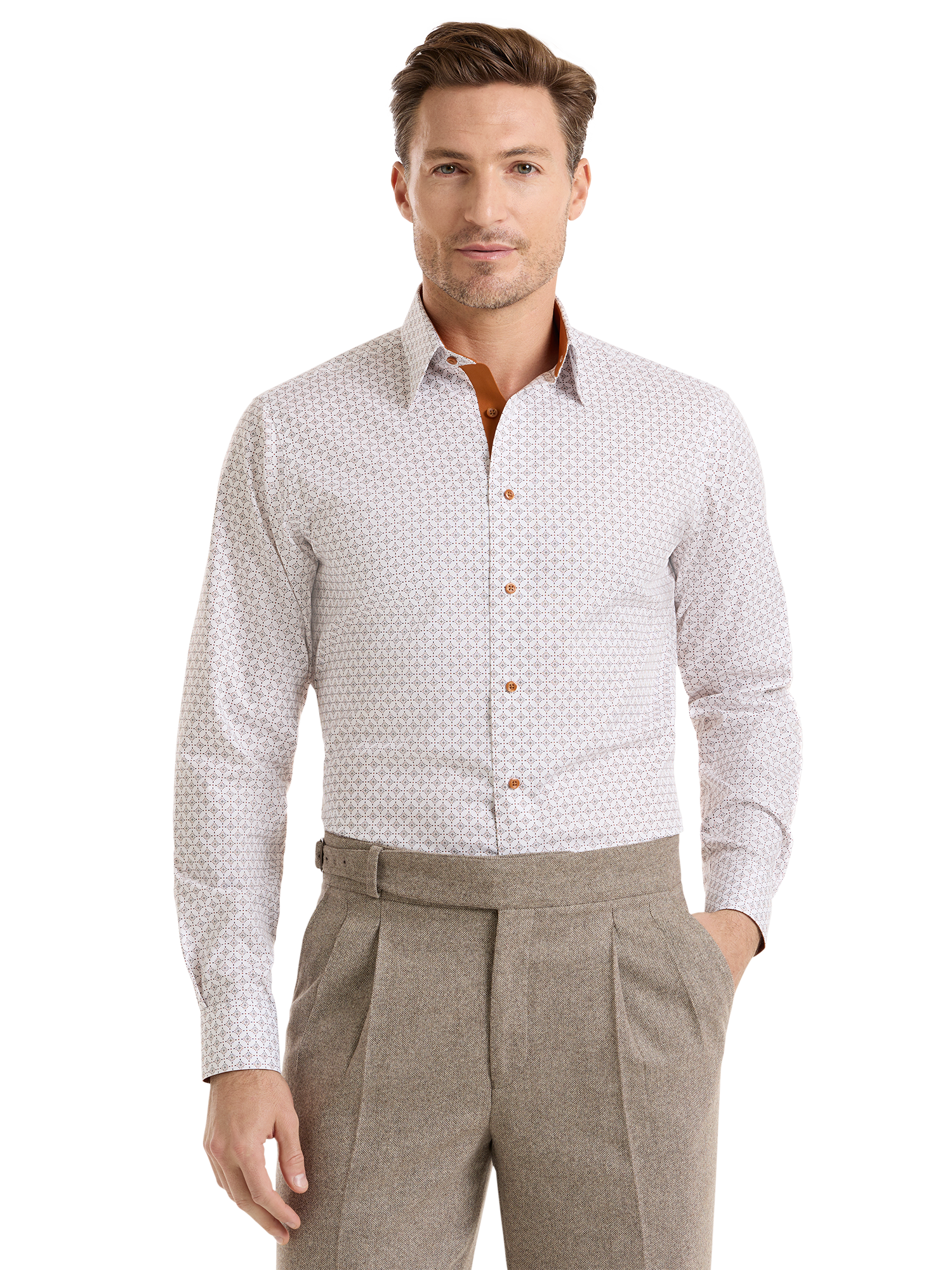 Non-Iron Cotton Geometric Dress Shirt With Contrast Trim - White/rust