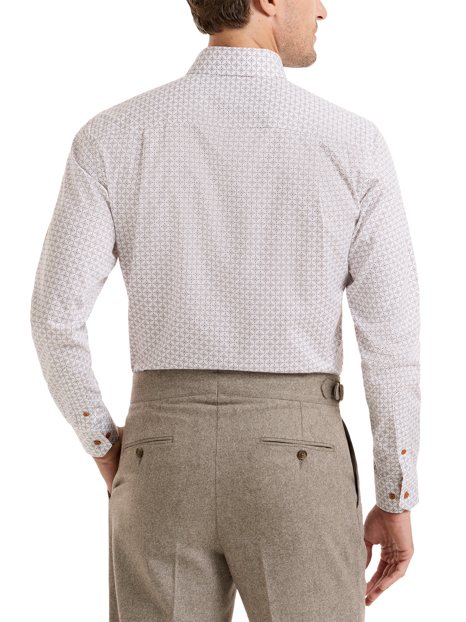 Non-Iron Cotton Geometric Dress Shirt With Contrast Trim - White/rust