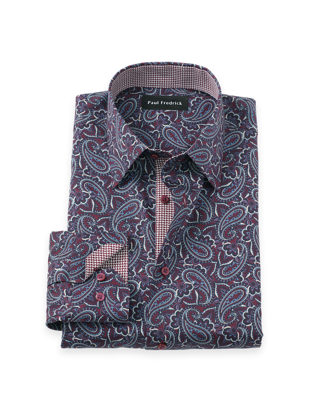 Men's Burgundy Multi Paisley Pattern Shirts Trim Inside Neckband  Inside Cuffs  Button Side Of Placket