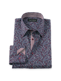 Non-Iron Cotton Paisley Dress Shirt With Contrast Trim - Burgundy Multi