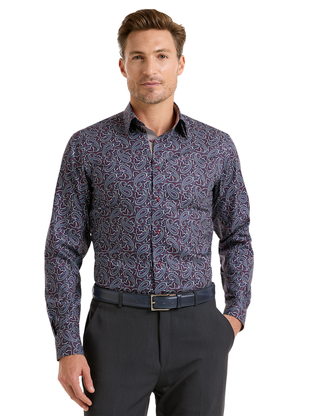 Alternate Shot of Men's Burgundy Multi Paisley Pattern Shirts Trim Inside Neckband  Inside Cuffs  Button Side Of Placket - 1