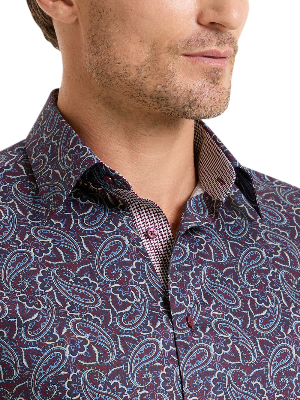 Alternate Shot of Men's Burgundy Multi Paisley Pattern Shirts Trim Inside Neckband  Inside Cuffs  Button Side Of Placket - 2