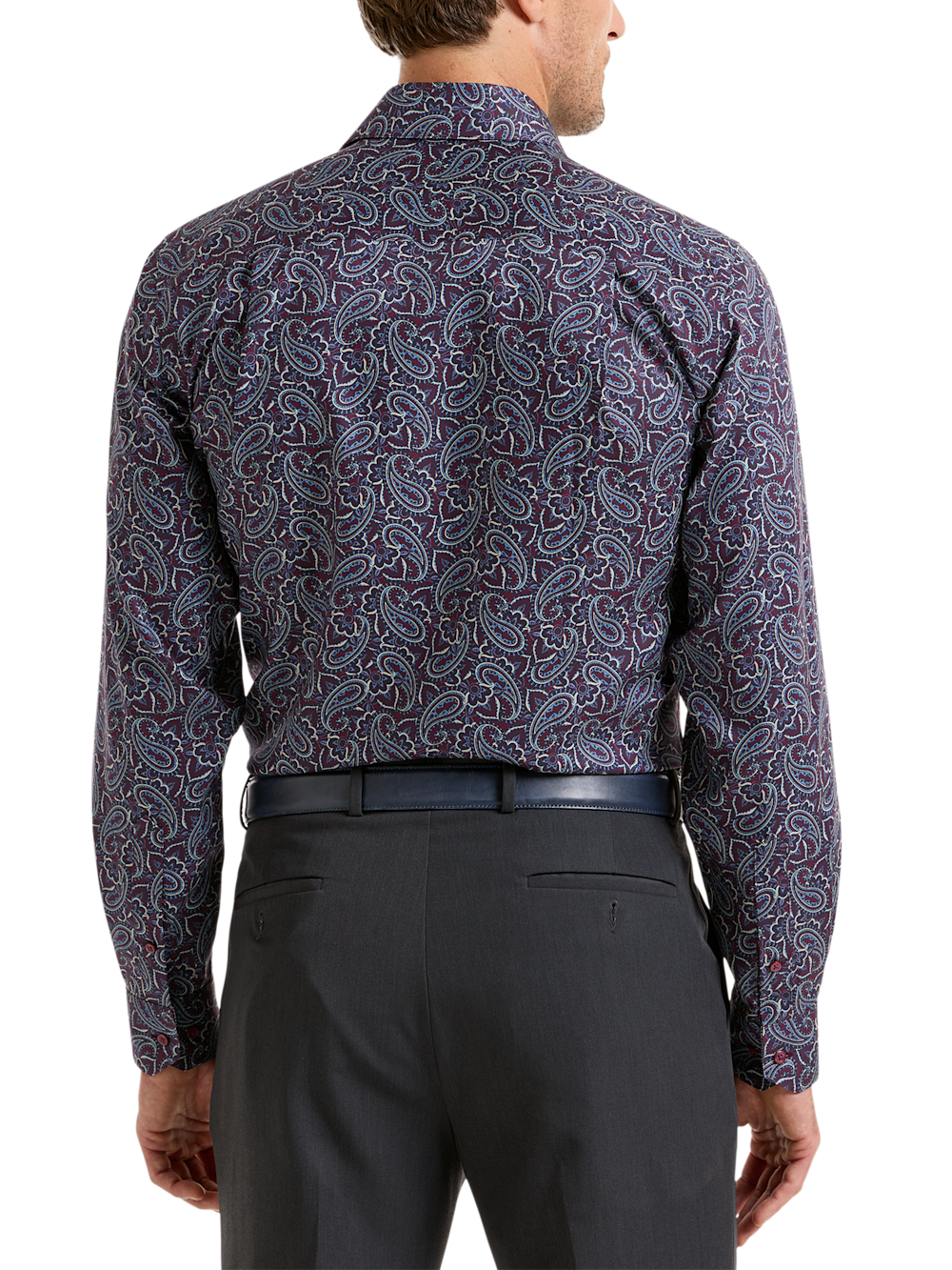 Alternate Shot of Men's Burgundy Multi Paisley Pattern Shirts Trim Inside Neckband  Inside Cuffs  Button Side Of Placket - 4