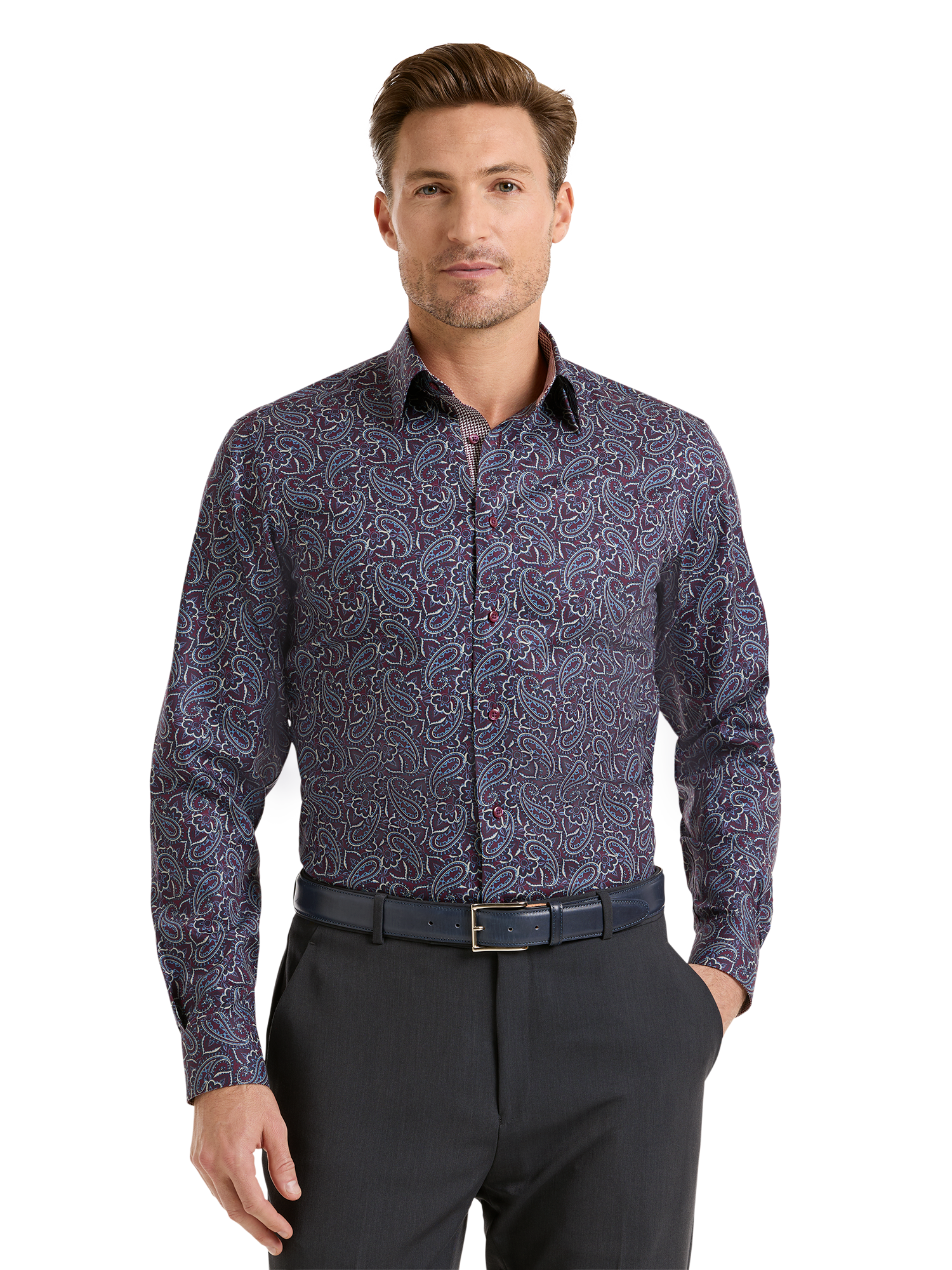 Non-Iron Cotton Paisley Dress Shirt With Contrast Trim - Burgundy Multi