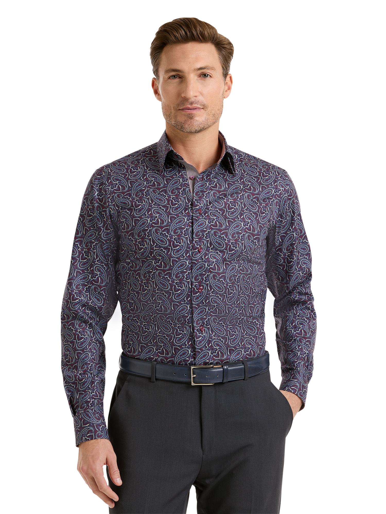 Non-Iron Cotton Paisley Dress Shirt With Contrast Trim - Burgundy Multi