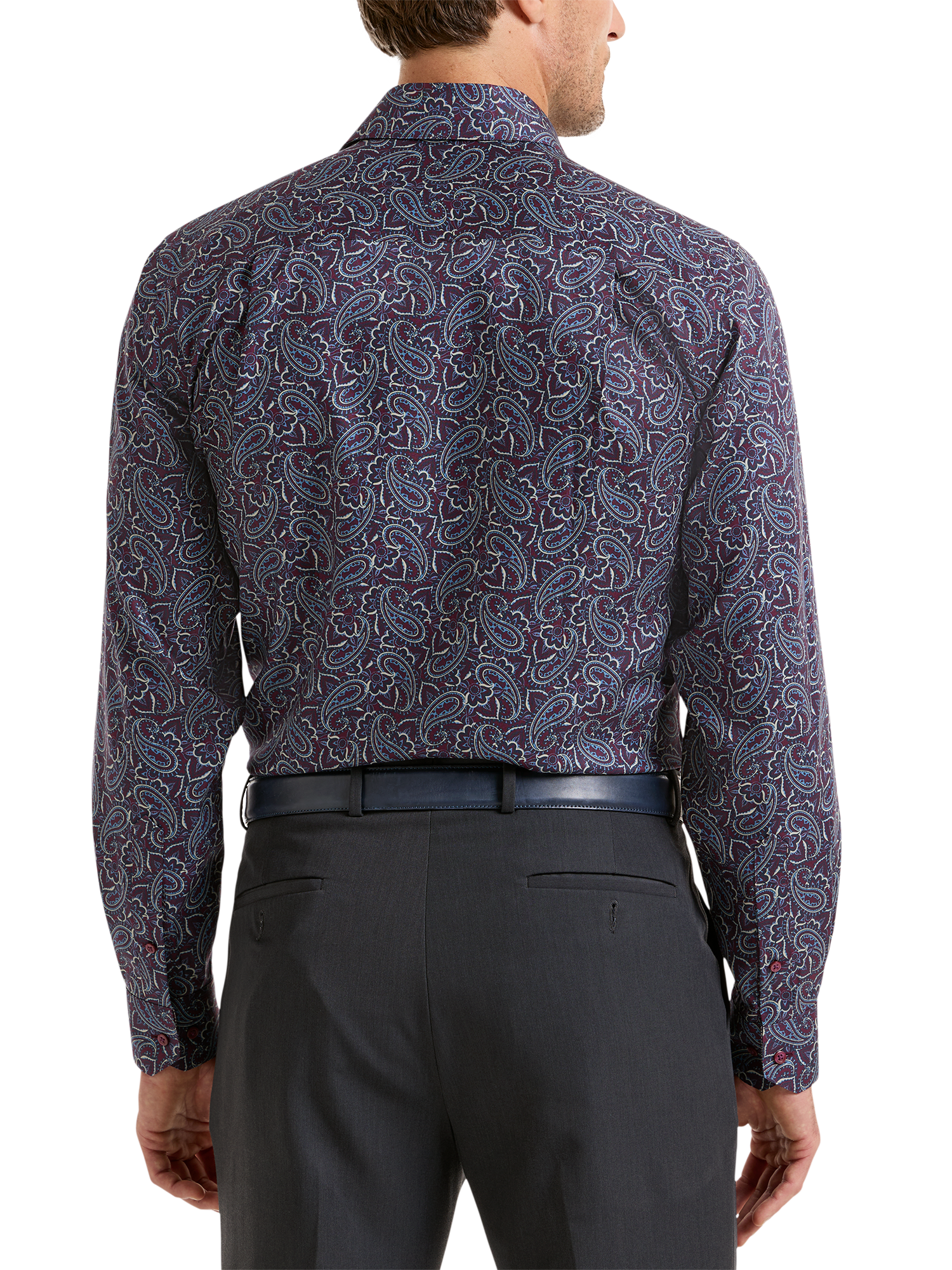 Non-Iron Cotton Paisley Dress Shirt With Contrast Trim - Burgundy Multi