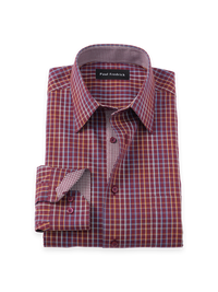Non-Iron Cotton Check Dress Shirt With Contrast Trim - Burgundy Multi