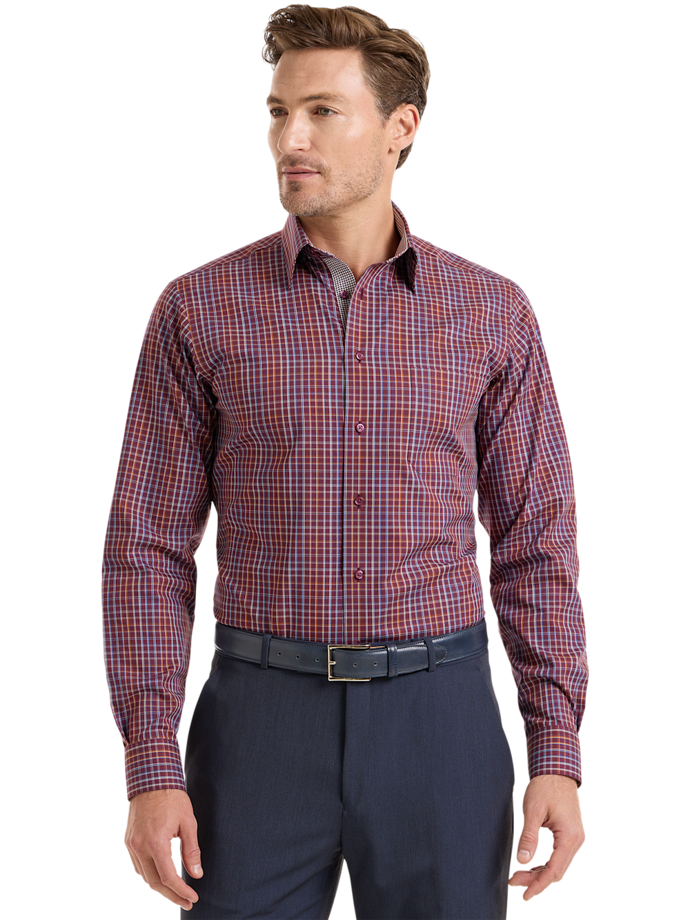 Alternate Shot of Men's Burgundy Multi Check Shirts Trim Inside Neckband  Inside Cuffs  Button Side Of Placket - 1