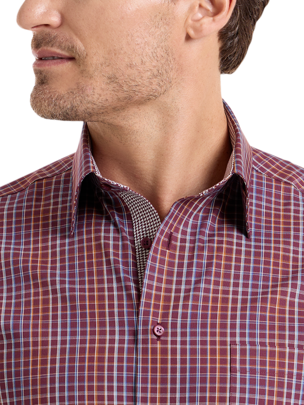 Alternate Shot of Men's Burgundy Multi Check Shirts Trim Inside Neckband  Inside Cuffs  Button Side Of Placket - 2