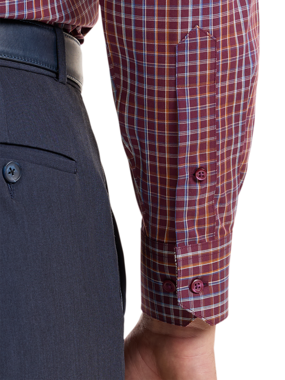 Alternate Shot of Men's Burgundy Multi Check Shirts Trim Inside Neckband  Inside Cuffs  Button Side Of Placket - 3