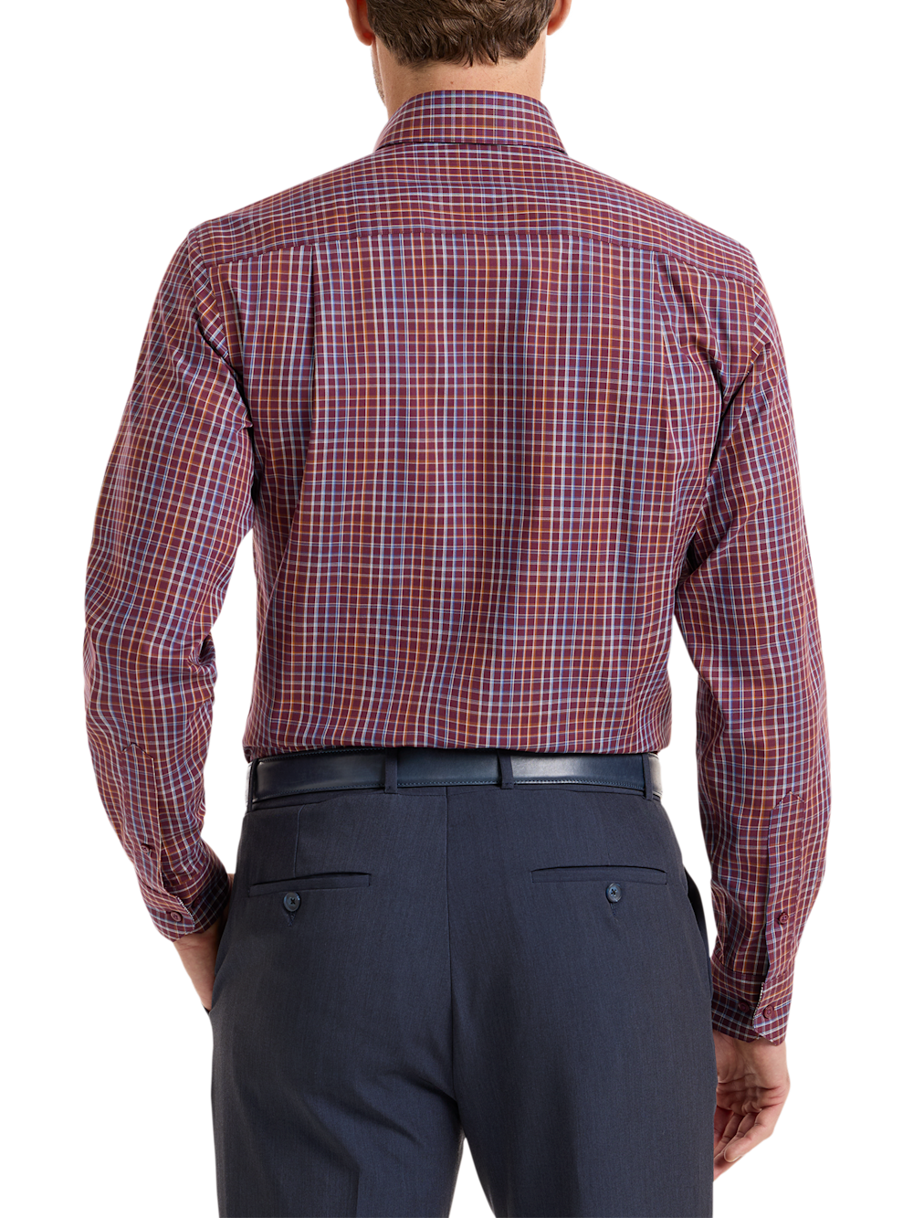 Alternate Shot of Men's Burgundy Multi Check Shirts Trim Inside Neckband  Inside Cuffs  Button Side Of Placket - 4
