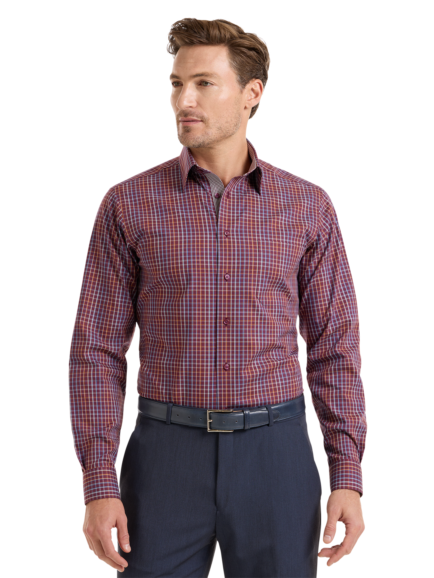 Non-Iron Cotton Check Dress Shirt With Contrast Trim - Burgundy Multi
