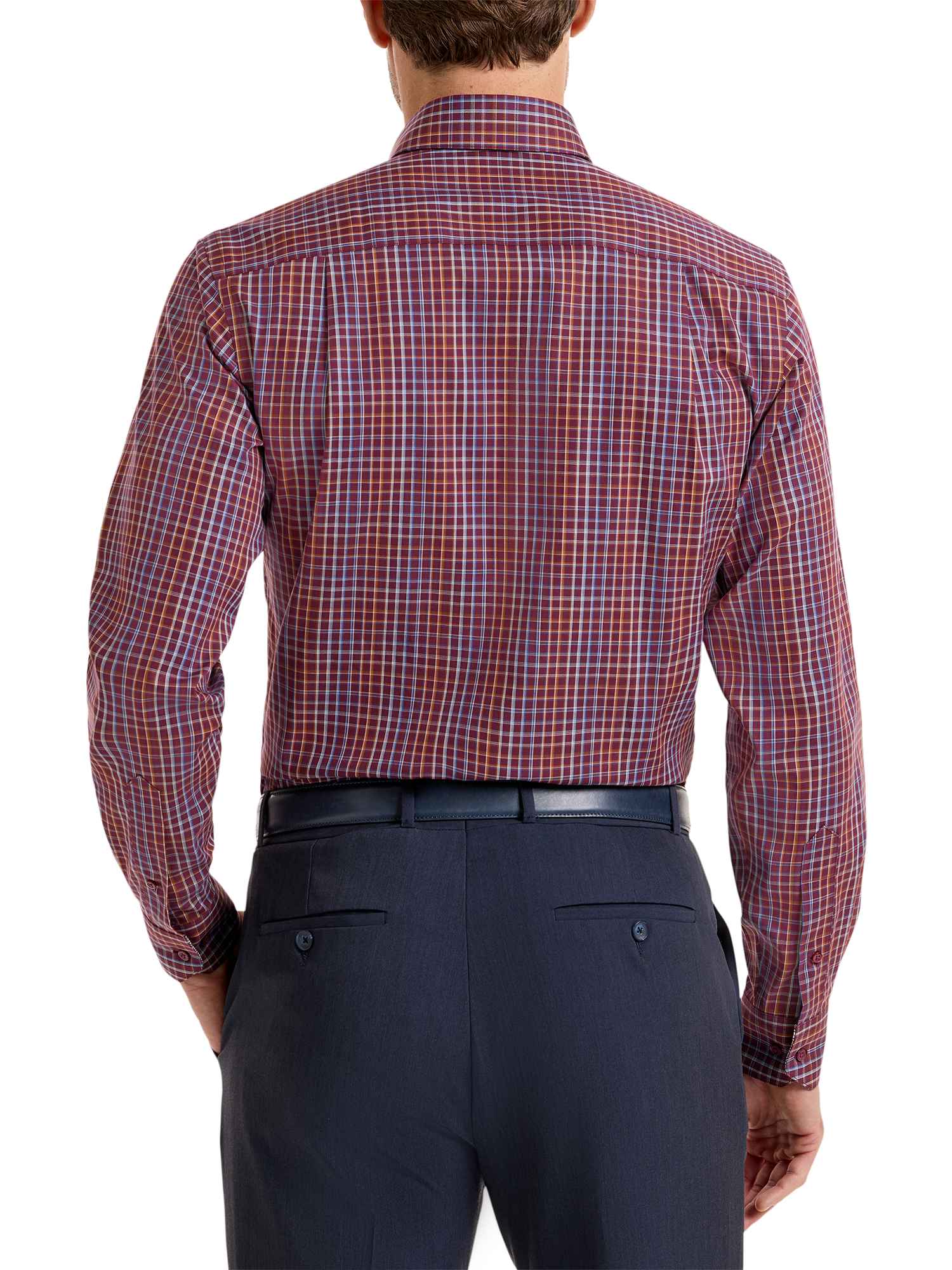 Non-Iron Cotton Check Dress Shirt With Contrast Trim - Burgundy Multi