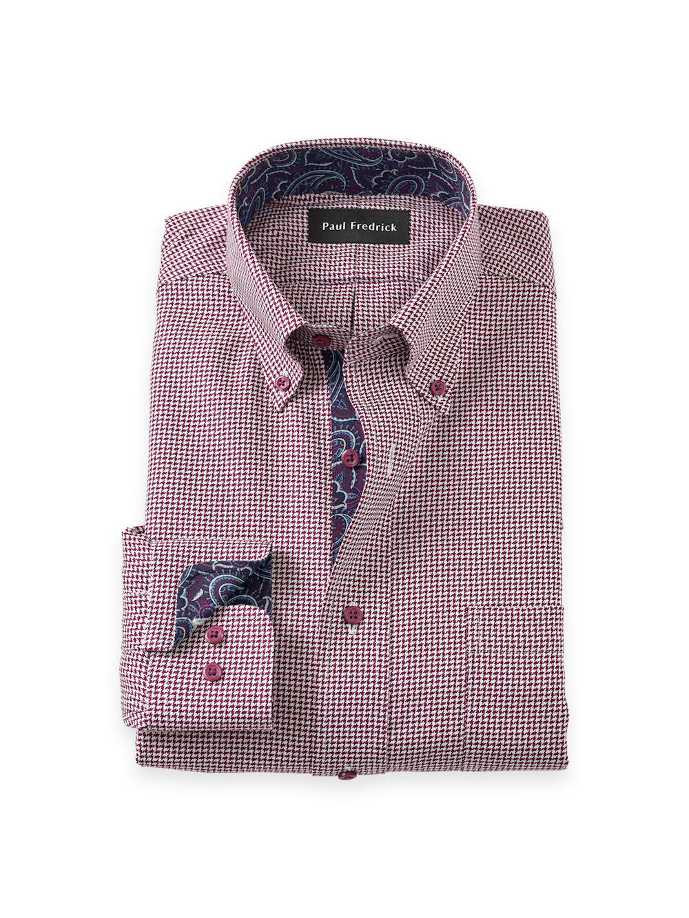 Men's Burgundy Houndstooth Shirts Trim Inside Neckband  Inside Cuffs  Button Side Of Placket