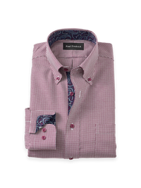 Non-Iron Cotton Houndstooth Dress Shirt With Contrast Trim - Burgundy