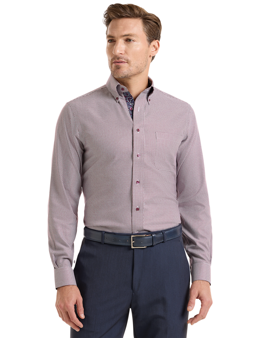 Alternate Shot of Men's Burgundy Houndstooth Shirts Trim Inside Neckband  Inside Cuffs  Button Side Of Placket - 1