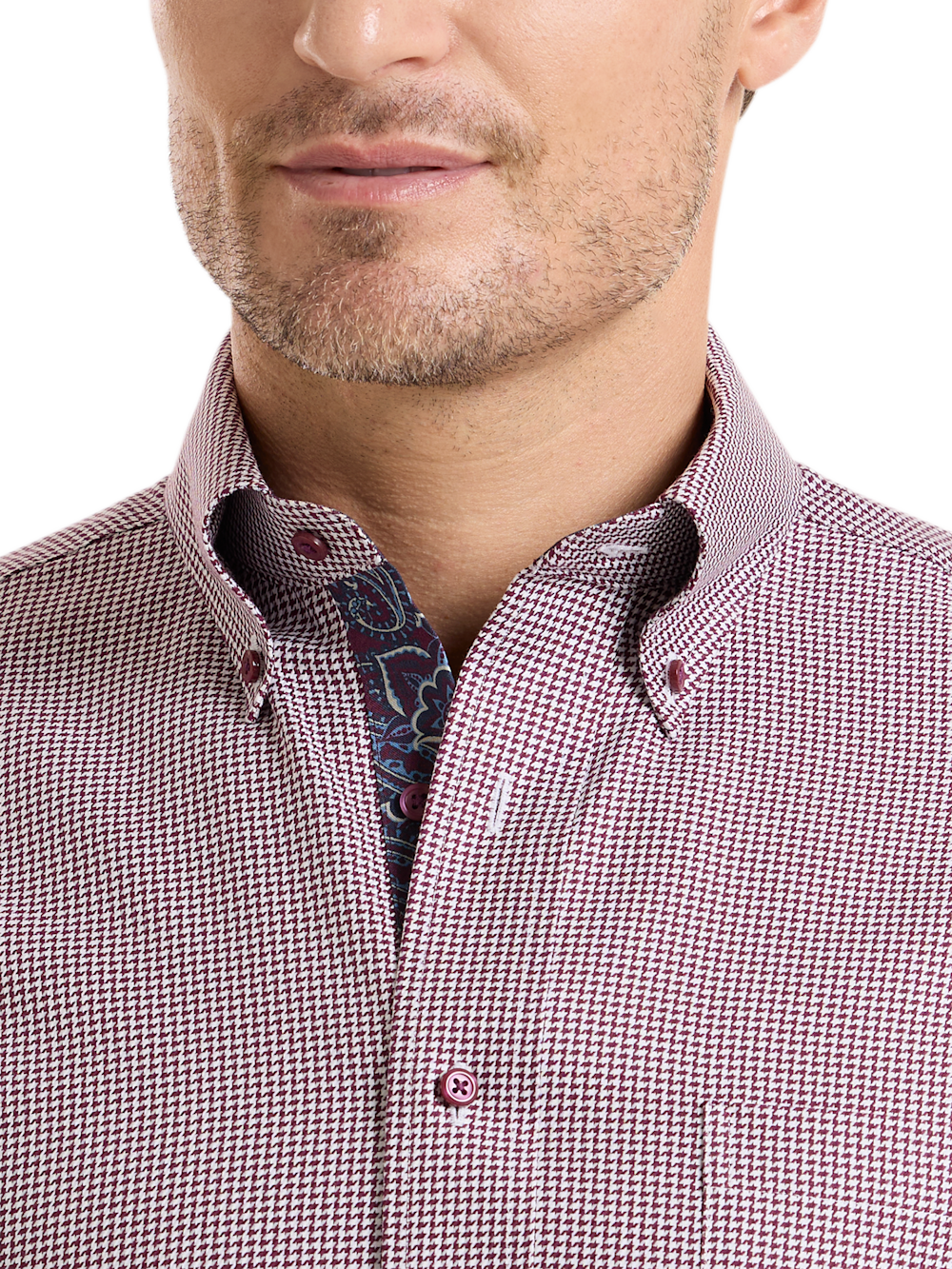 Alternate Shot of Men's Burgundy Houndstooth Shirts Trim Inside Neckband  Inside Cuffs  Button Side Of Placket - 2
