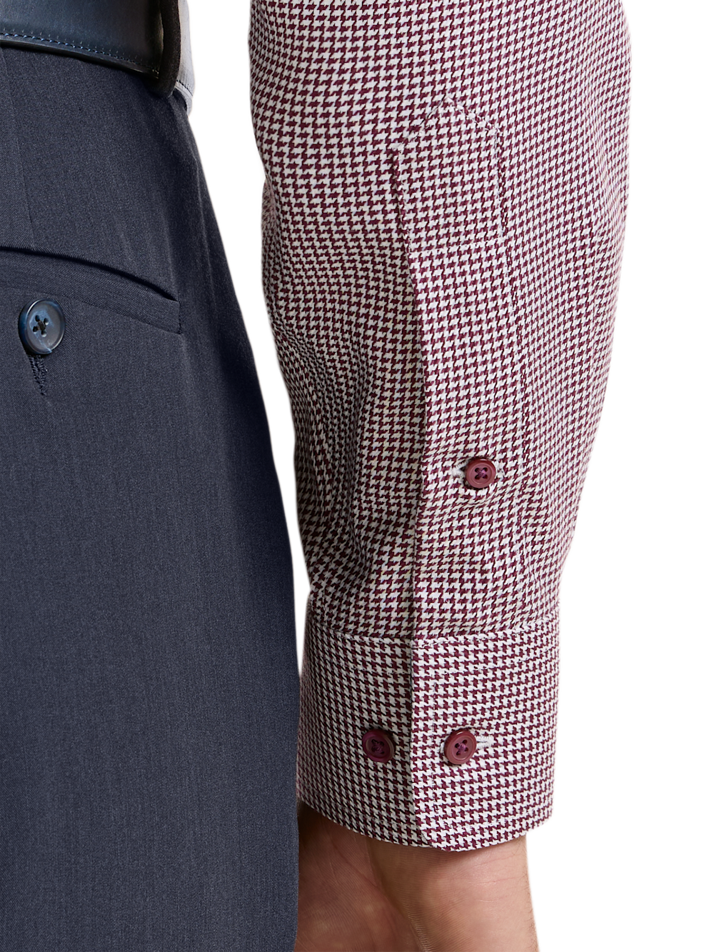 Alternate Shot of Men's Burgundy Houndstooth Shirts Trim Inside Neckband  Inside Cuffs  Button Side Of Placket - 3