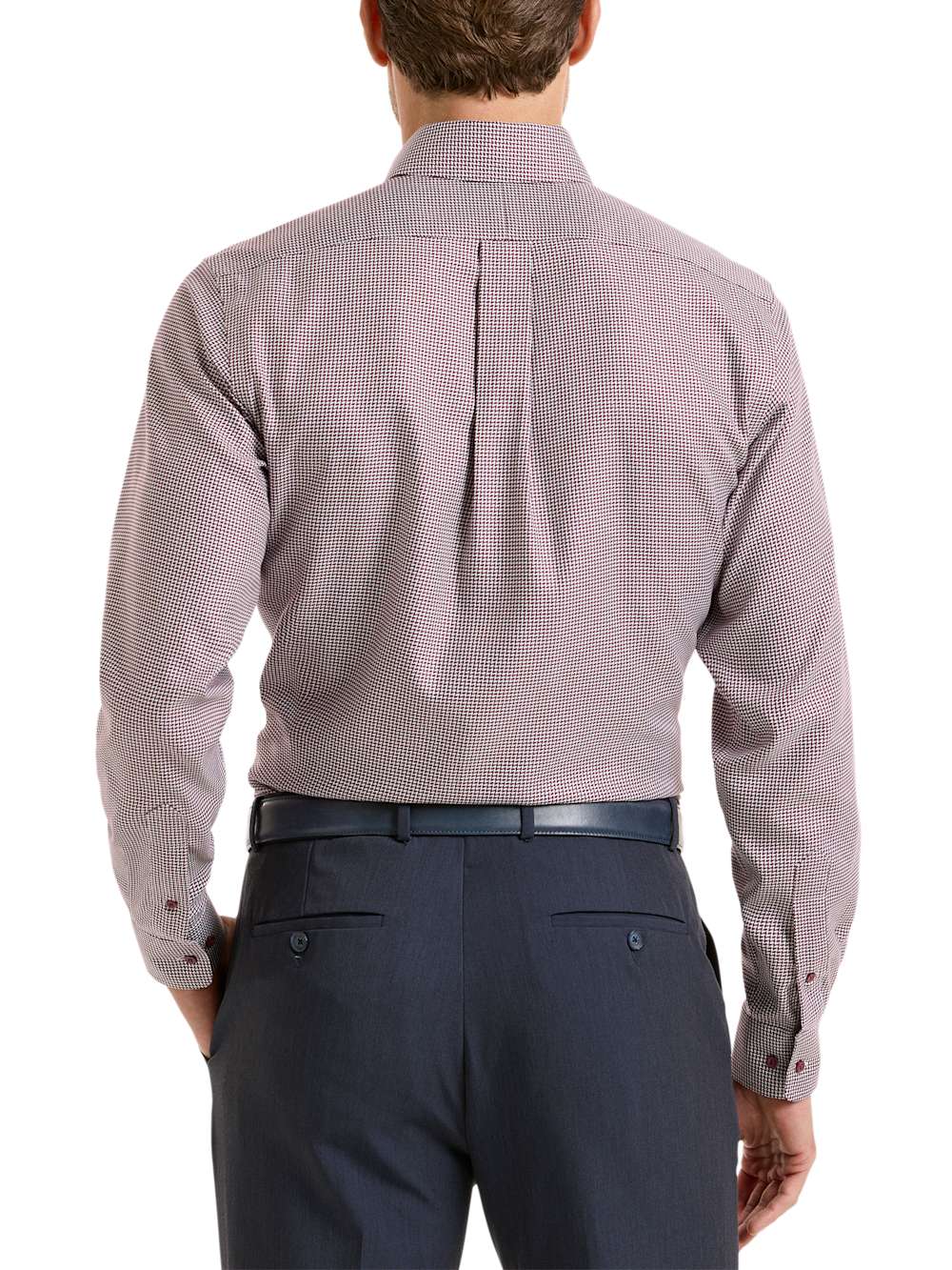 Alternate Shot of Men's Burgundy Houndstooth Shirts Trim Inside Neckband  Inside Cuffs  Button Side Of Placket - 4