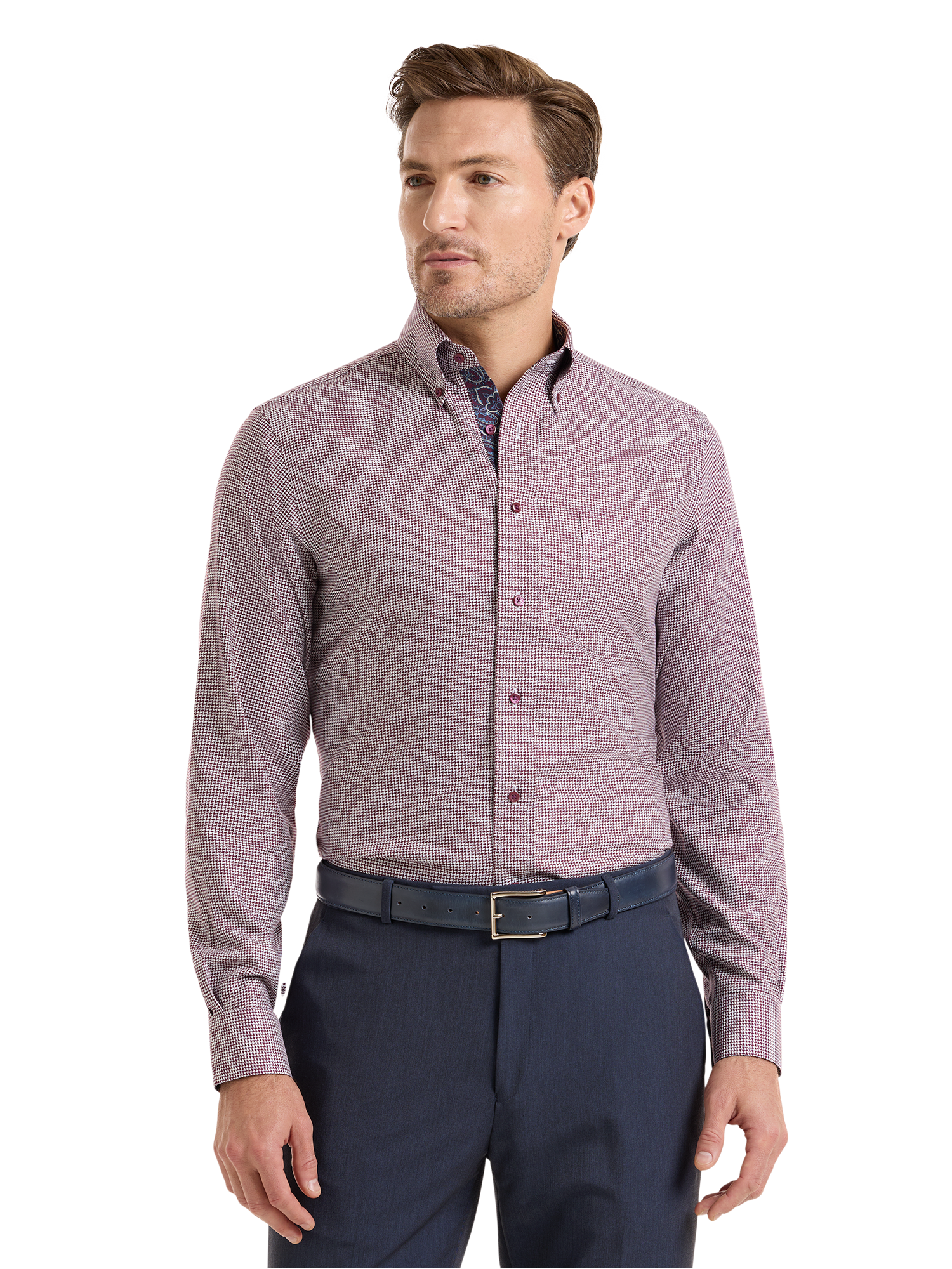 Non-Iron Cotton Houndstooth Dress Shirt With Contrast Trim - Burgundy