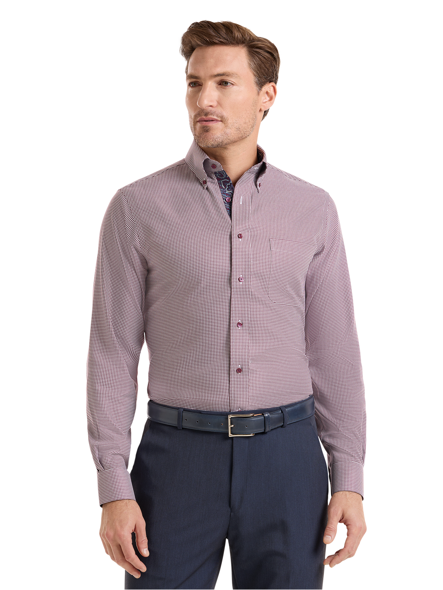 Non-Iron Cotton Houndstooth Dress Shirt With Contrast Trim - Burgundy