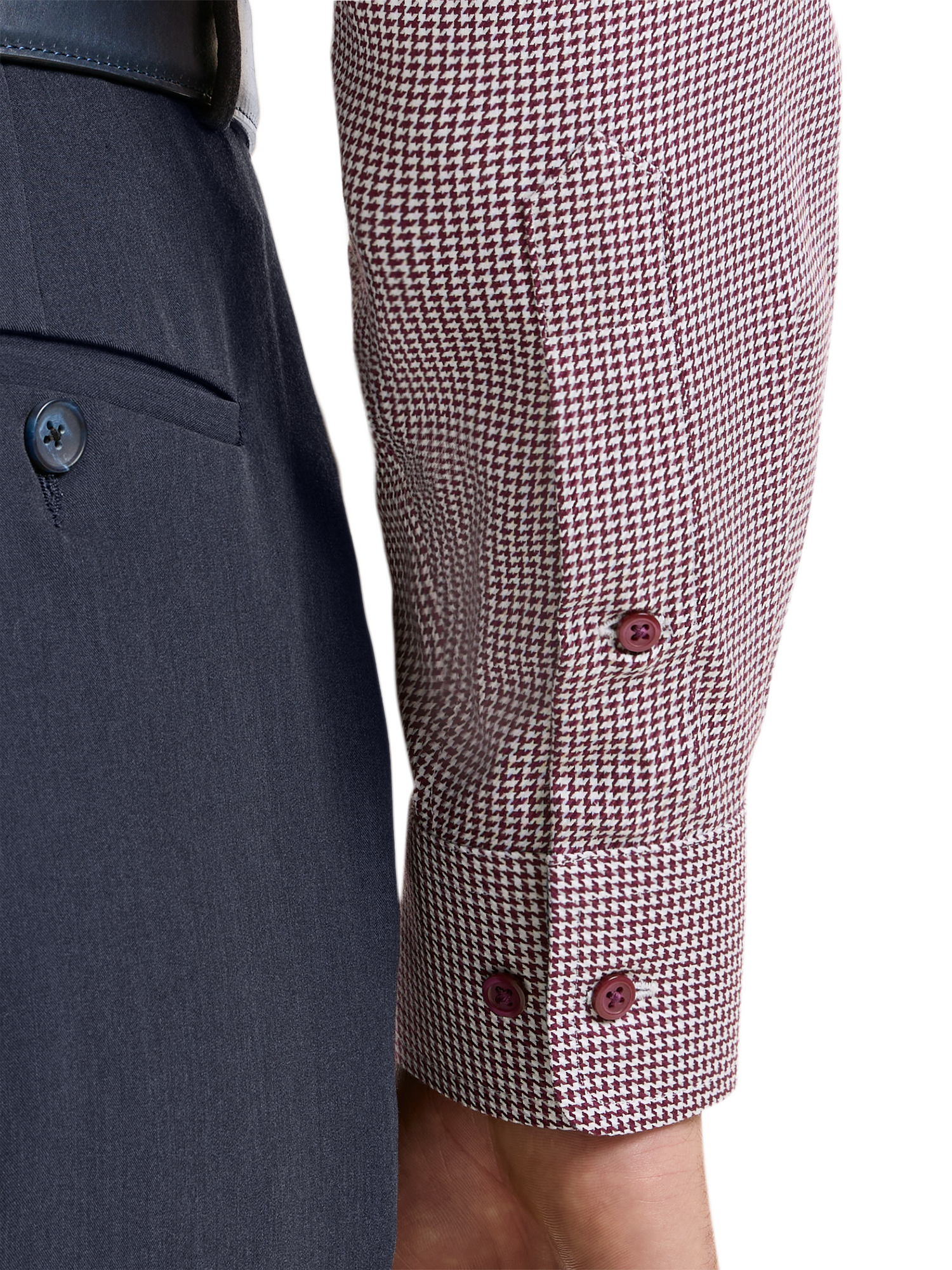 Non-Iron Cotton Houndstooth Dress Shirt With Contrast Trim - Burgundy