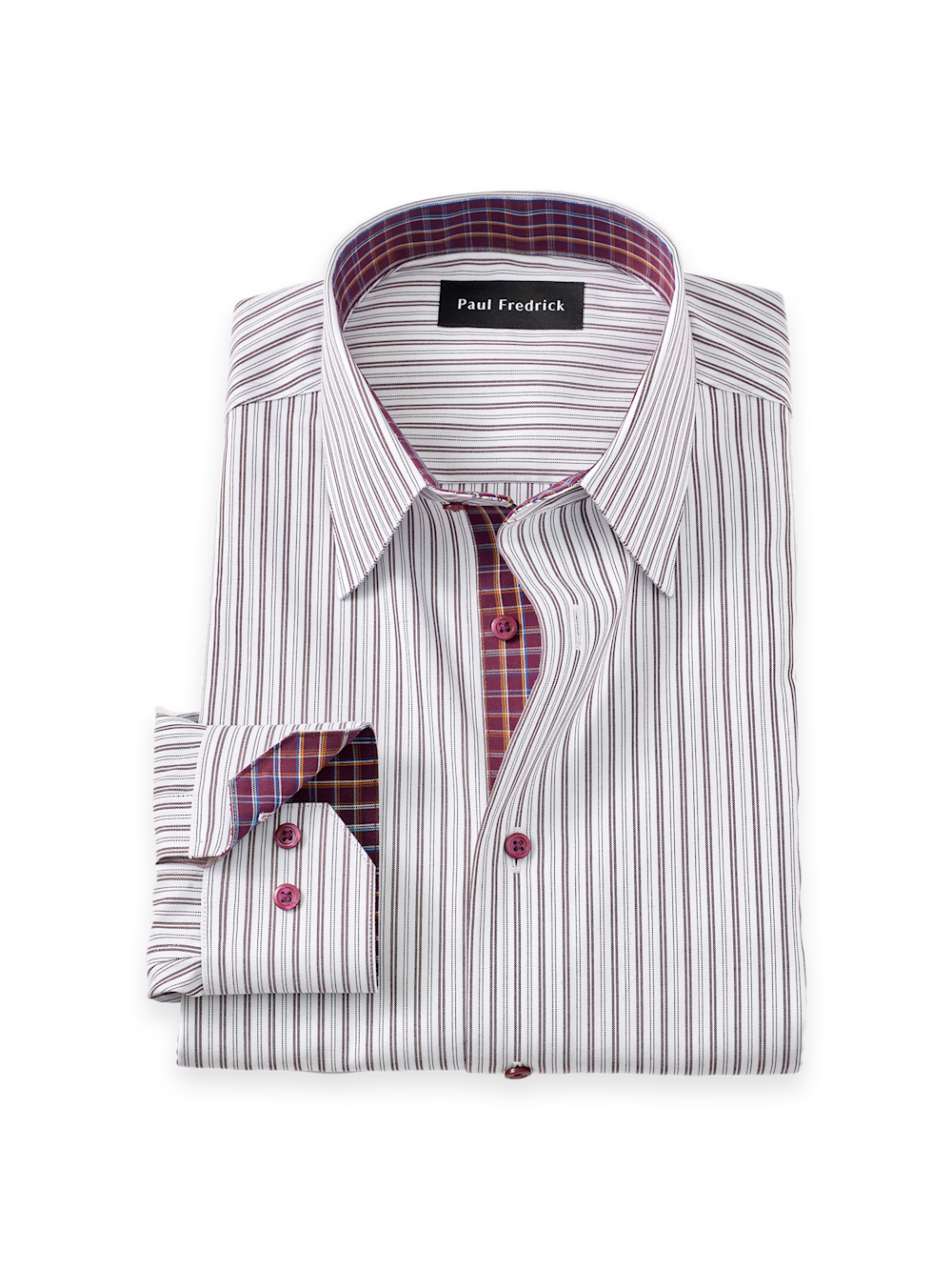 Men's White/Burgundy Stripe Shirts Trim Inside Neckband  Inside Cuffs  Button Side Of Placket