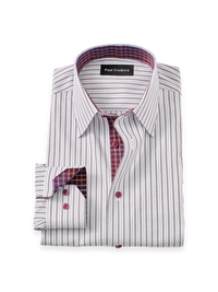 Non-Iron Cotton Stripe Dress Shirt With Contrast Trim - White/burgundy