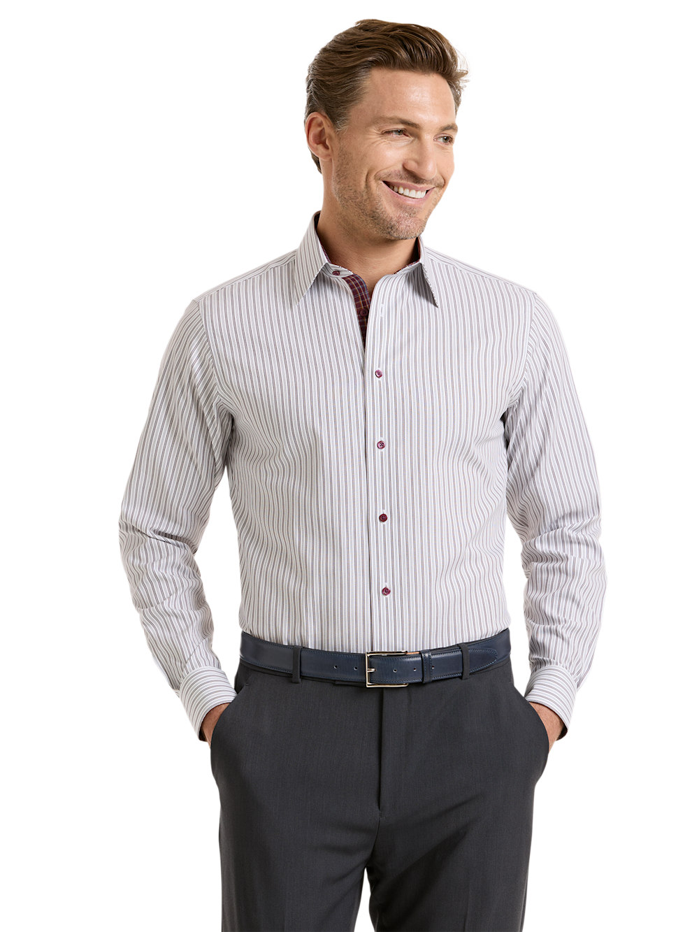 Alternate Shot of Men's White/Burgundy Stripe Shirts Trim Inside Neckband  Inside Cuffs  Button Side Of Placket - 1