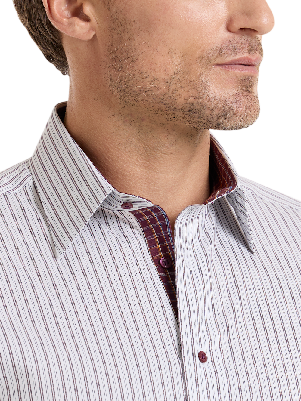 Alternate Shot of Men's White/Burgundy Stripe Shirts Trim Inside Neckband  Inside Cuffs  Button Side Of Placket - 2