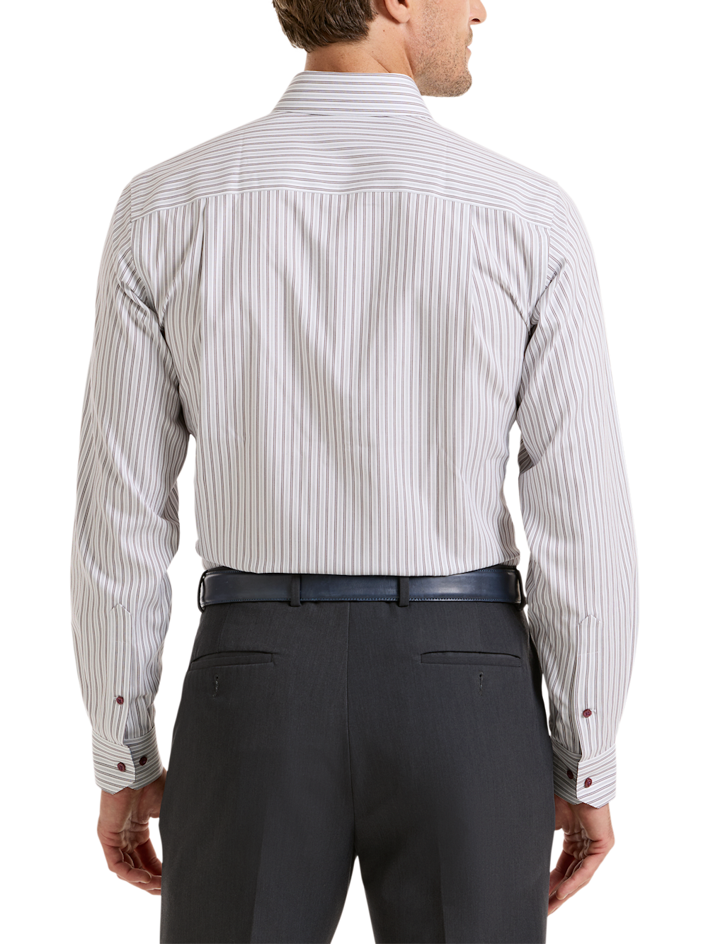 Alternate Shot of Men's White/Burgundy Stripe Shirts Trim Inside Neckband  Inside Cuffs  Button Side Of Placket - 4
