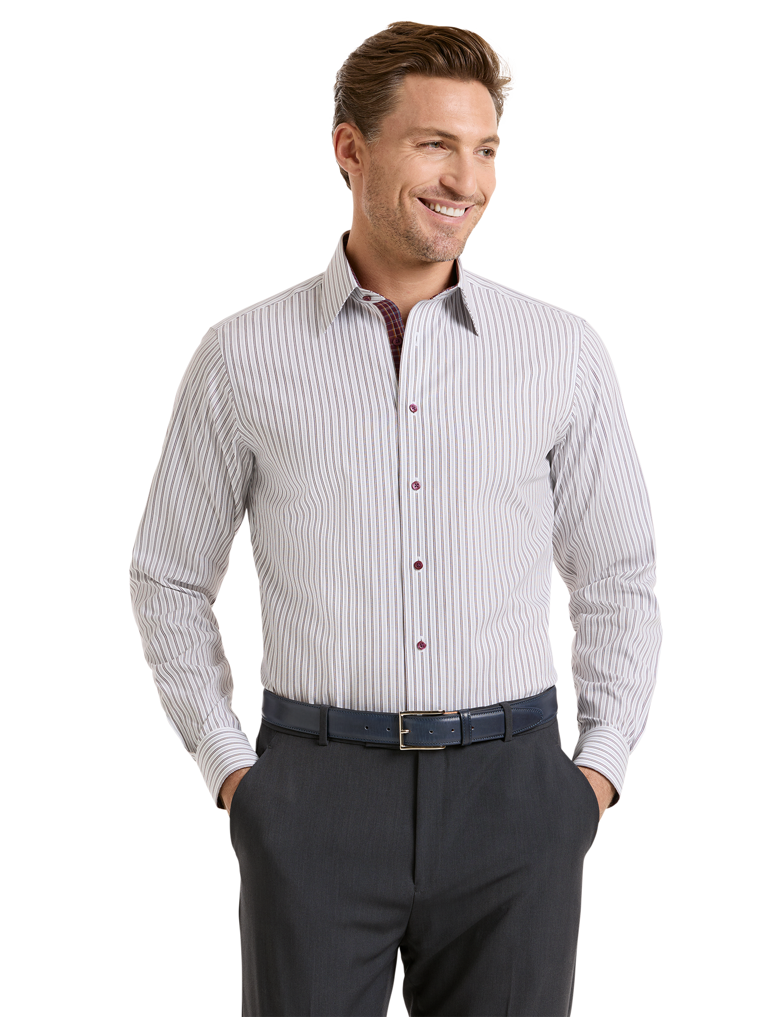 Non-Iron Cotton Stripe Dress Shirt With Contrast Trim - White/burgundy