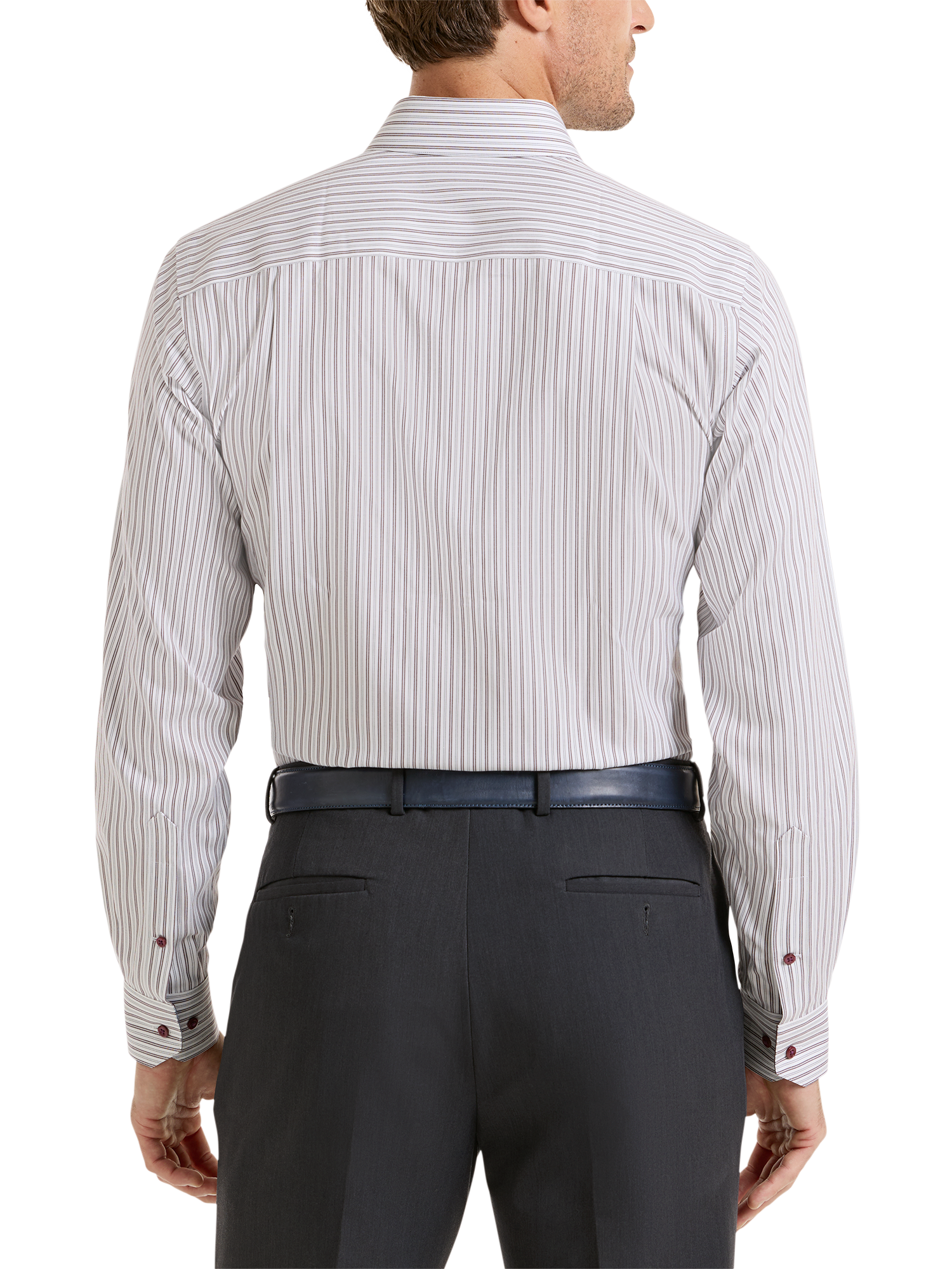 Non-Iron Cotton Stripe Dress Shirt With Contrast Trim - White/burgundy